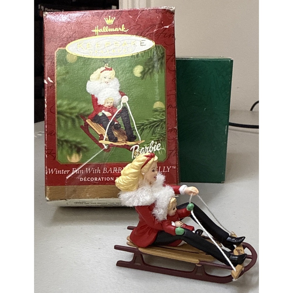 Hallmark Barbie Ornament 2000 Winter Fun w Kelly Sledding w‎ Box